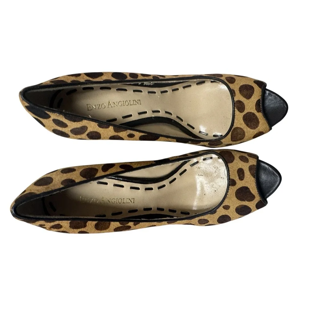 Enzo Angiolini‎ Leopard Calf Hair Platform Peep Toe Heels Brown Tan Size 6M